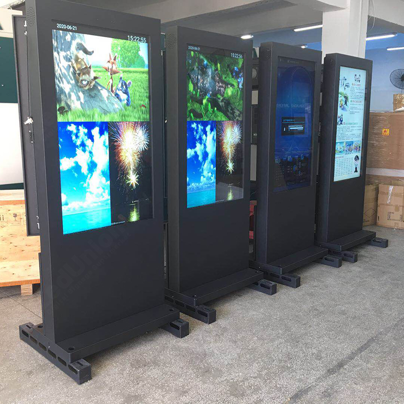 UniKiosk EX55, 55'' Outdoor LCD Display, 680x1209mm display size, 1080P, 3000nit, IP65, 150kg, Standing/wall mount, dual sided option, APP control, Live TV show
